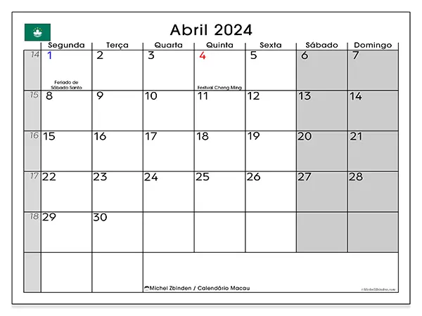 Calendário Macau para abril de 2024, que pode ser impresso gratuitamente. Semana:  Segunda-feira a domingo.