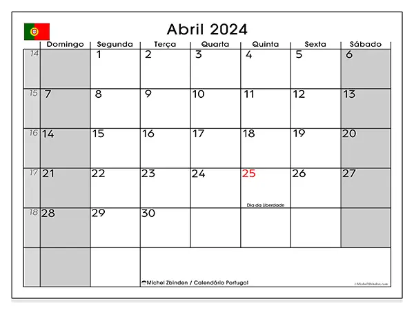 Calendário Portugal para abril de 2024, que pode ser impresso gratuitamente. Semana:  De domingo a sábado.
