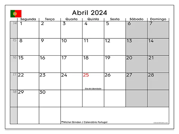 Calendário Portugal para abril de 2024, que pode ser impresso gratuitamente. Semana:  Segunda-feira a domingo.