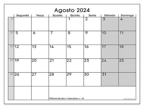 Calendário n.° 43 gratuito para imprimir, agosto 2025. Semana:  Segunda-feira a domingo