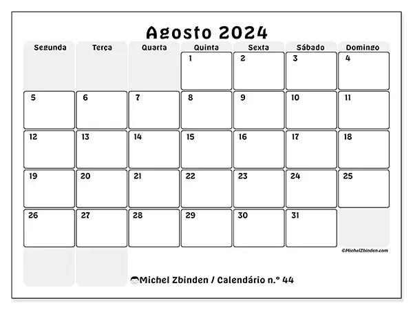 Calendário n.° 44 para agosto de 2024, que pode ser impresso gratuitamente. Semana:  Segunda-feira a domingo.