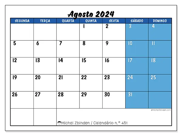 Calendário n.° 451 para agosto de 2024, que pode ser impresso gratuitamente. Semana:  Segunda-feira a domingo.