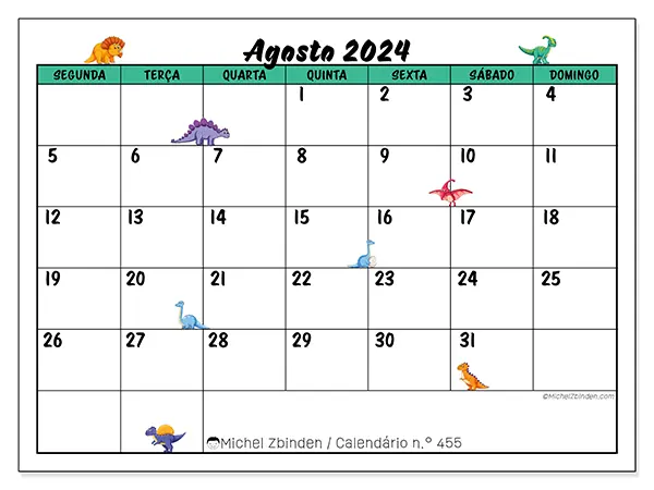Calendário n.° 455 para agosto de 2024, que pode ser impresso gratuitamente. Semana:  Segunda-feira a domingo.