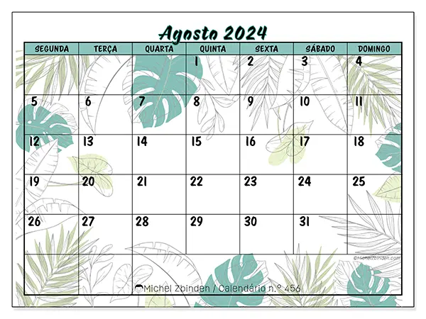 Calendário n.° 456 para agosto de 2024, que pode ser impresso gratuitamente. Semana:  Segunda-feira a domingo.