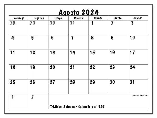 Calendário n.° 480 para agosto de 2024, que pode ser impresso gratuitamente. Semana:  De domingo a sábado.
