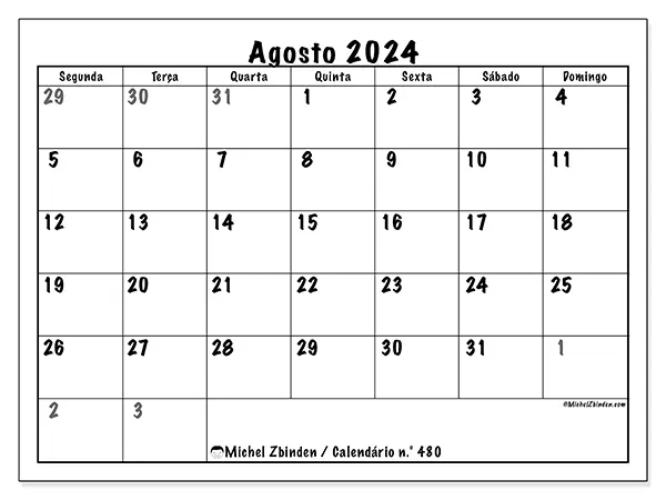 Calendário n.° 480 para agosto de 2024, que pode ser impresso gratuitamente. Semana:  Segunda-feira a domingo.