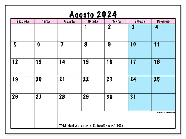 Calendário n.° 482 para agosto de 2024, que pode ser impresso gratuitamente. Semana:  Segunda-feira a domingo.