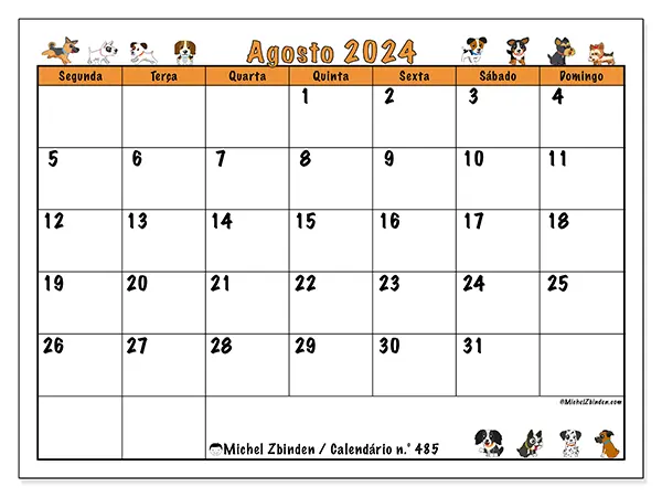 Calendário n.° 485 para agosto de 2024, que pode ser impresso gratuitamente. Semana:  Segunda-feira a domingo.