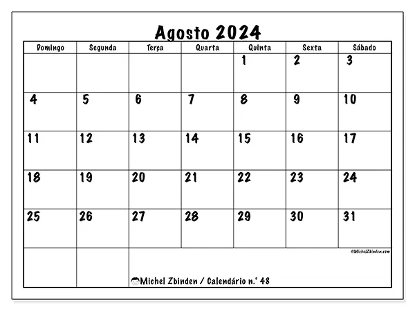 Calendário n.° 48 para agosto de 2024, que pode ser impresso gratuitamente. Semana:  De domingo a sábado.