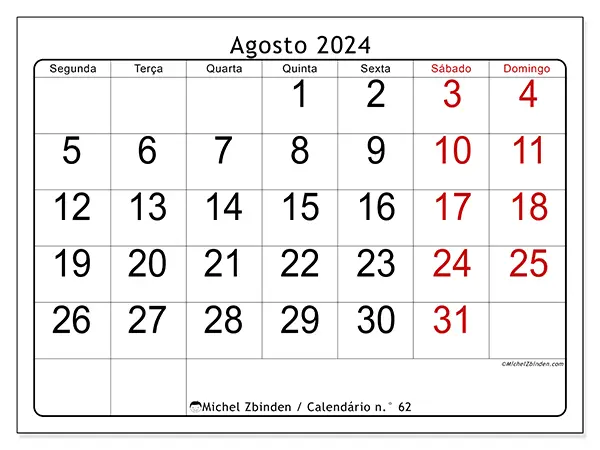 Calendário n.° 62 gratuito para imprimir, agosto 2025. Semana:  Segunda-feira a domingo