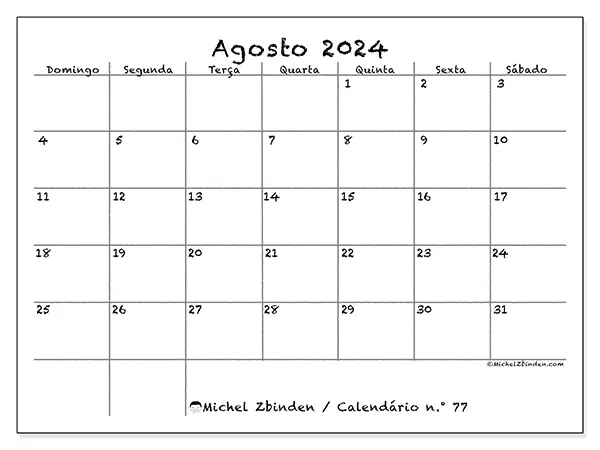 Calendário para imprimir n° 77, agosto de 2024