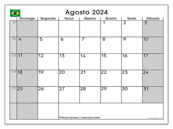 Calendário Brasil para agosto de 2024, que pode ser impresso gratuitamente. Semana:  De domingo a sábado.