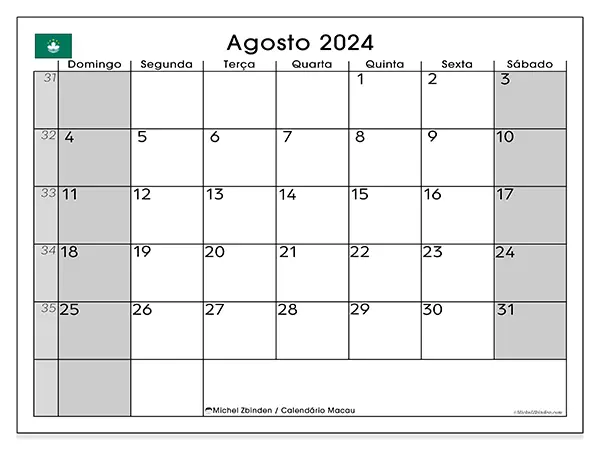 Calendário Macau para agosto de 2024, que pode ser impresso gratuitamente. Semana:  De domingo a sábado.