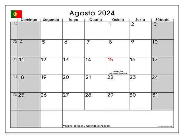 Calendário Portugal para agosto de 2024, que pode ser impresso gratuitamente. Semana:  De domingo a sábado.