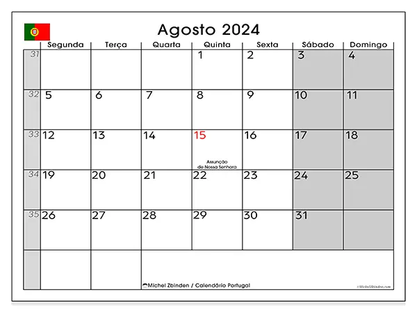 Calendário Portugal para agosto de 2024, que pode ser impresso gratuitamente. Semana:  Segunda-feira a domingo.