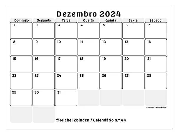 Calendário n.° 44 para dezembro de 2024, que pode ser impresso gratuitamente. Semana:  De domingo a sábado.