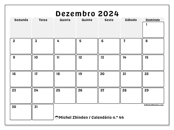 Calendário n.° 44 para dezembro de 2024, que pode ser impresso gratuitamente. Semana:  Segunda-feira a domingo.