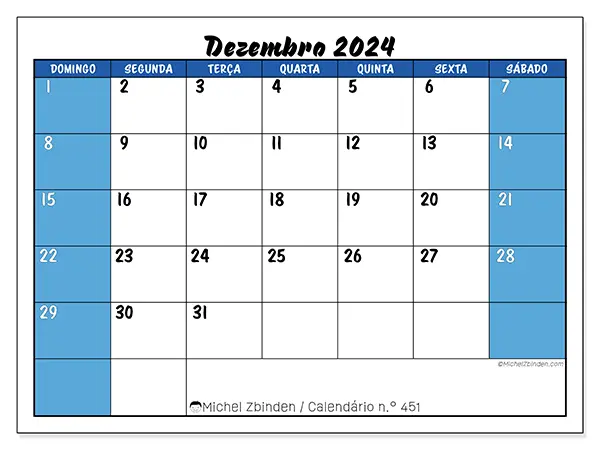 Calendário para imprimir n° 451, dezembro de 2024
