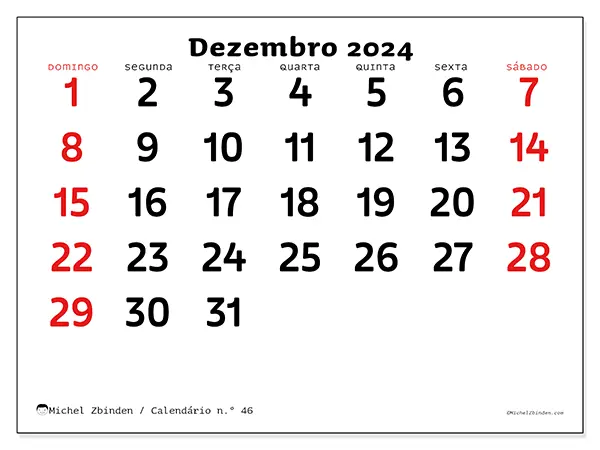 Calendário n.° 46 para dezembro de 2024, que pode ser impresso gratuitamente. Semana:  De domingo a sábado.