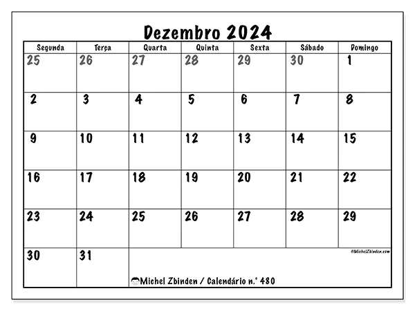 Calendário n.° 480 para dezembro de 2024, que pode ser impresso gratuitamente. Semana:  Segunda-feira a domingo.