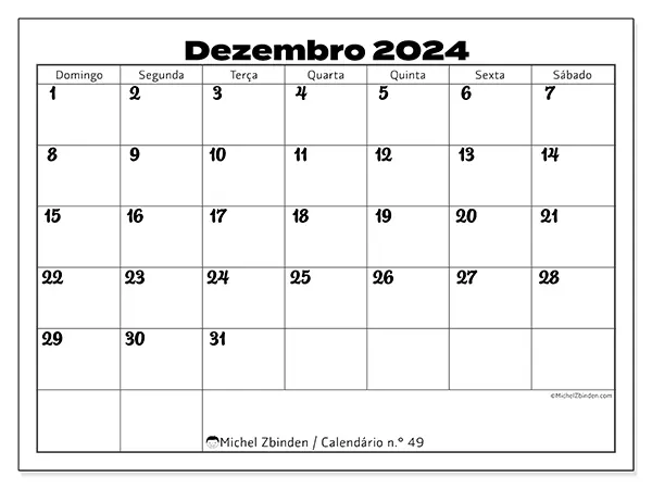 Calendário n.° 49 para dezembro de 2024, que pode ser impresso gratuitamente. Semana:  De domingo a sábado.