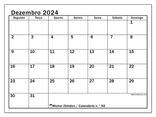 Calendário n.° 50 para dezembro de 2024, que pode ser impresso gratuitamente. Semana:  Segunda-feira a domingo.