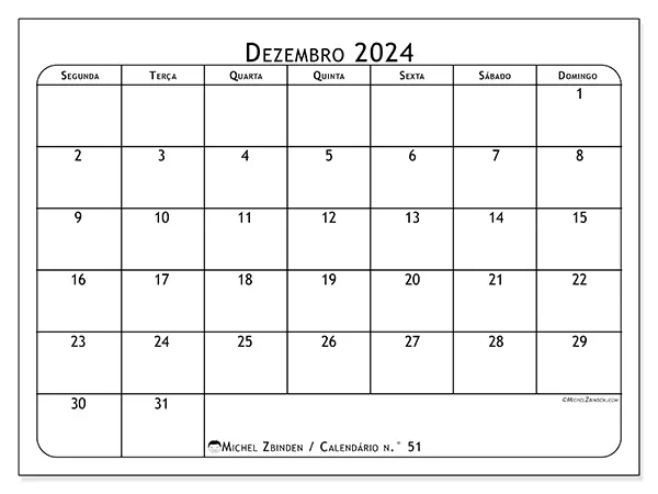 Calendário n.° 51 para dezembro de 2024, que pode ser impresso gratuitamente. Semana:  Segunda-feira a domingo.