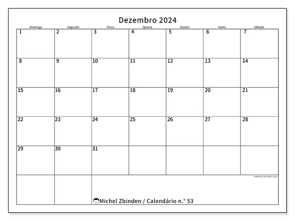 Calendário n.° 53 para dezembro de 2024, que pode ser impresso gratuitamente. Semana:  De domingo a sábado.