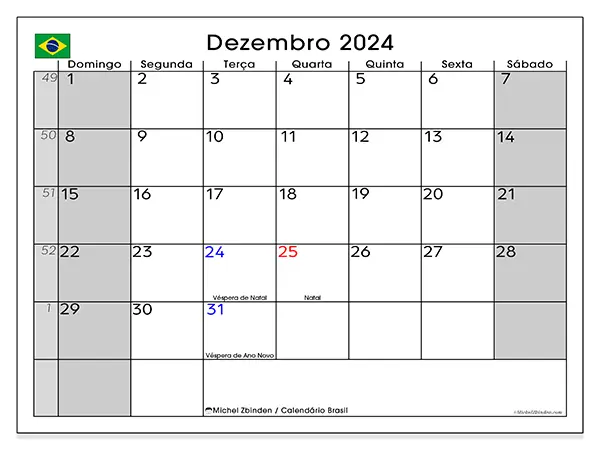 Calendário Brasil para dezembro de 2024, que pode ser impresso gratuitamente. Semana:  De domingo a sábado.