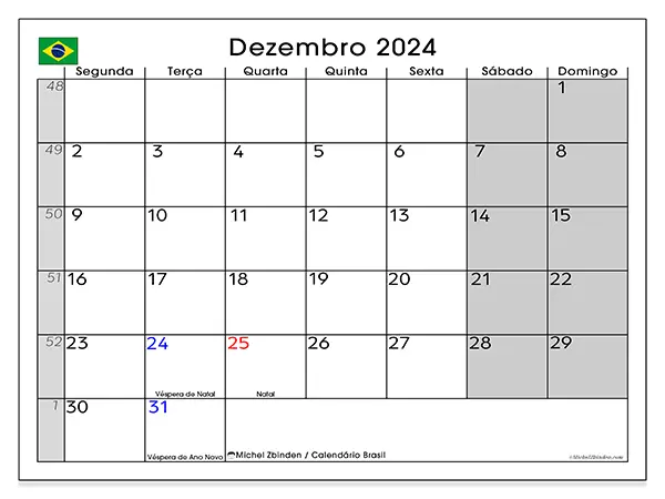 Calendário Brasil para dezembro de 2024, que pode ser impresso gratuitamente. Semana:  Segunda-feira a domingo.