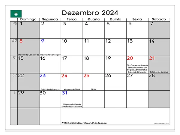 Calendário Macau para dezembro de 2024, que pode ser impresso gratuitamente. Semana:  De domingo a sábado.
