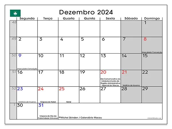 Calendário Macau para dezembro de 2024, que pode ser impresso gratuitamente. Semana:  Segunda-feira a domingo.