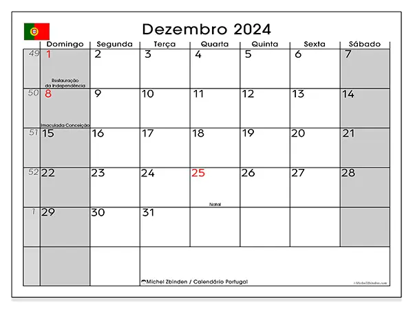 Calendário Portugal para dezembro de 2024, que pode ser impresso gratuitamente. Semana:  De domingo a sábado.