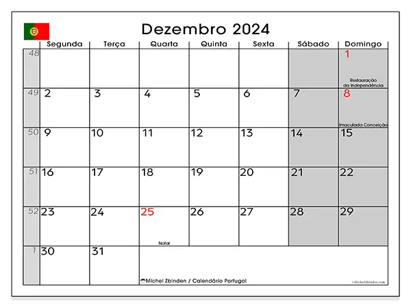 Calendário Portugal para dezembro de 2024, que pode ser impresso gratuitamente. Semana:  Segunda-feira a domingo.