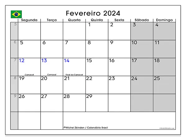 Calendário Brasil gratuito para imprimir, fevereiro 2025. Semana:  Segunda-feira a domingo