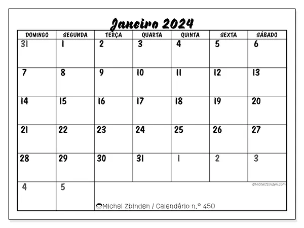 Calendário n.° 450 gratuito para imprimir, janeiro 2025. Semana:  De domingo a sábado