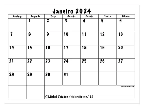 Calendário n.° 48 gratuito para imprimir, janeiro 2025. Semana:  De domingo a sábado
