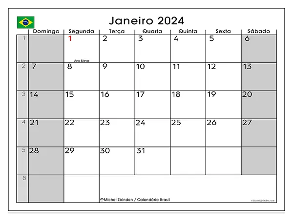 Calendário Brasil gratuito para imprimir, janeiro 2025. Semana:  De domingo a sábado