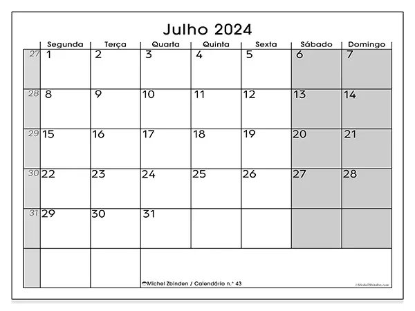 Calendário n.° 43 para julho de 2024, que pode ser impresso gratuitamente. Semana:  Segunda-feira a domingo.