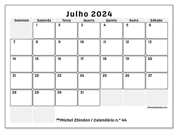 Calendário n.° 44 para julho de 2024, que pode ser impresso gratuitamente. Semana:  De domingo a sábado.