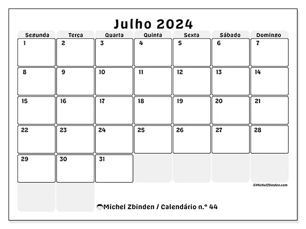 Calendário n.° 44 para julho de 2024, que pode ser impresso gratuitamente. Semana:  Segunda-feira a domingo.