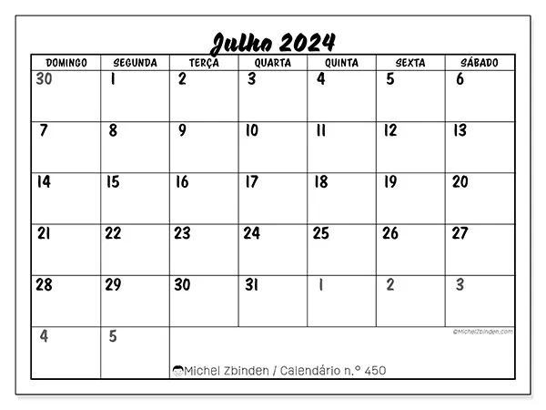Calendário n.° 450 para julho de 2024, que pode ser impresso gratuitamente. Semana:  De domingo a sábado.