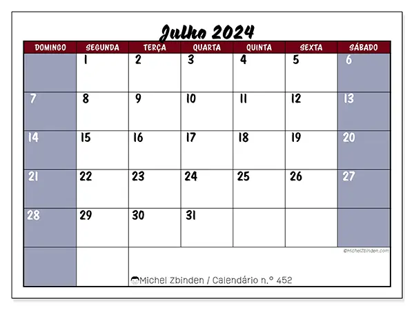 Calendário n.° 452 para julho de 2024, que pode ser impresso gratuitamente. Semana:  De domingo a sábado.