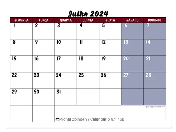 Calendário n.° 452 para julho de 2024, que pode ser impresso gratuitamente. Semana:  Segunda-feira a domingo.