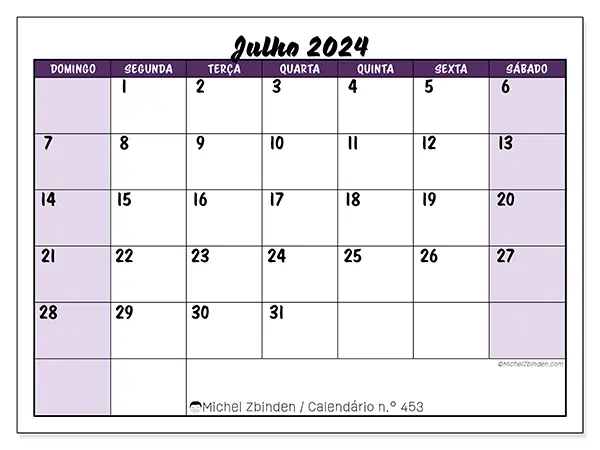 Calendário n.° 453 para julho de 2024, que pode ser impresso gratuitamente. Semana:  De domingo a sábado.