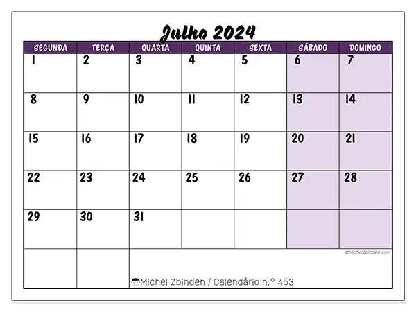 Calendário n.° 453 para julho de 2024, que pode ser impresso gratuitamente. Semana:  Segunda-feira a domingo.