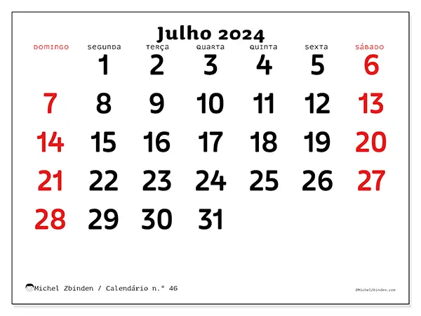 Calendário n.° 46 para julho de 2024, que pode ser impresso gratuitamente. Semana:  De domingo a sábado.