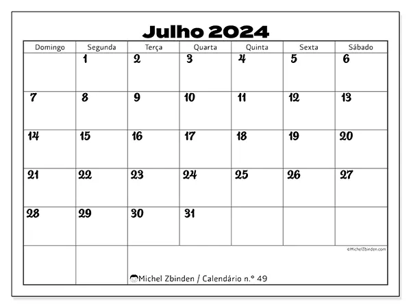 Calendário n.° 49 para julho de 2024, que pode ser impresso gratuitamente. Semana:  De domingo a sábado.