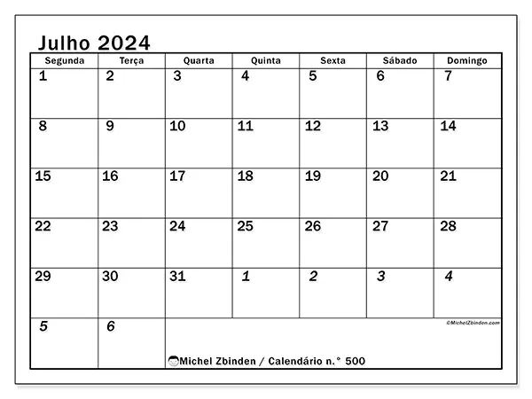 Calendário n.° 500 para julho de 2024, que pode ser impresso gratuitamente. Semana:  Segunda-feira a domingo.