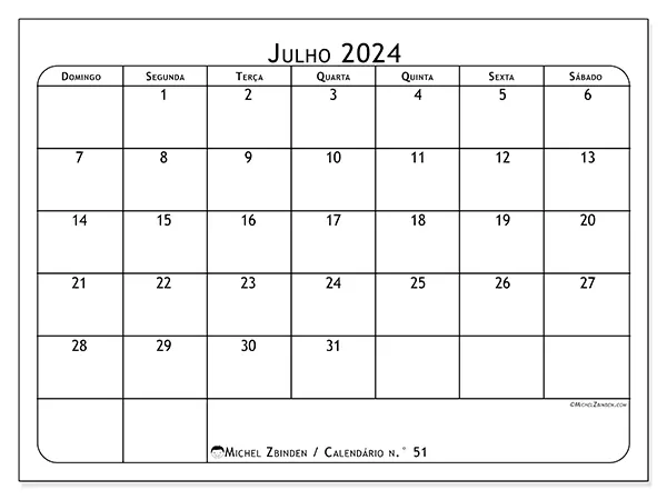 Calendário n.° 51 para julho de 2024, que pode ser impresso gratuitamente. Semana:  De domingo a sábado.